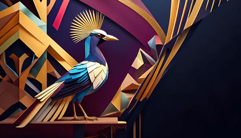 Vogel mit Wiedehopf in einem Art-déco-Dekor von Martine Affre Eisenlohr