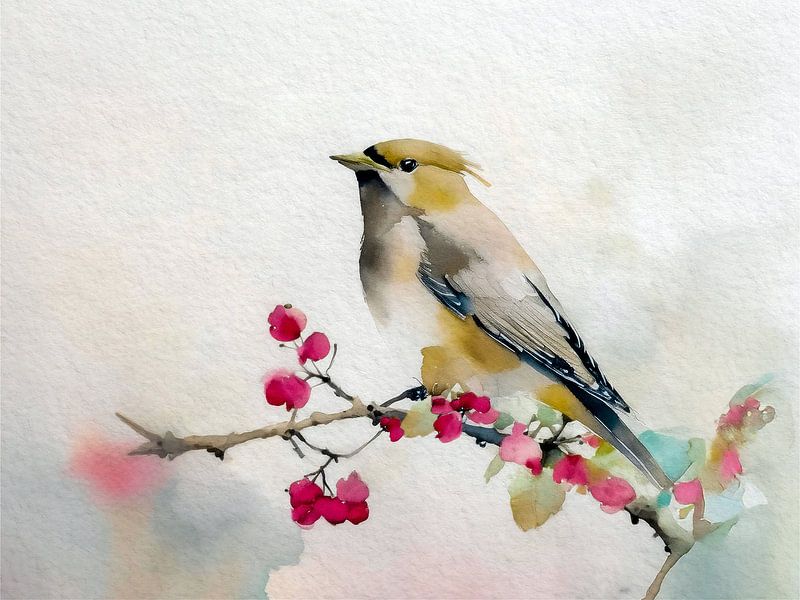 Heitere Aquarellmalerei: Vogel auf Ast mit Beeren von Studio Pieternel
