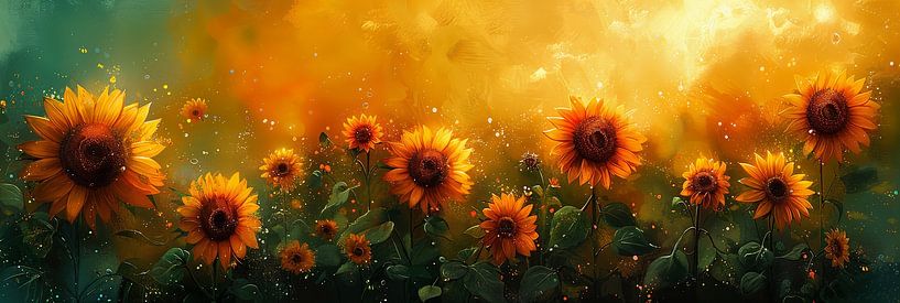 Leuchtende Sonnenblumen auf Aquarellhintergrund von Poster Art Shop