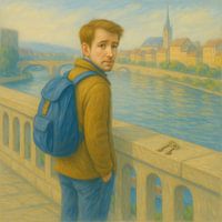 The Bridge Over. Man with backpack. Between two worlds, full of expectation and doubt