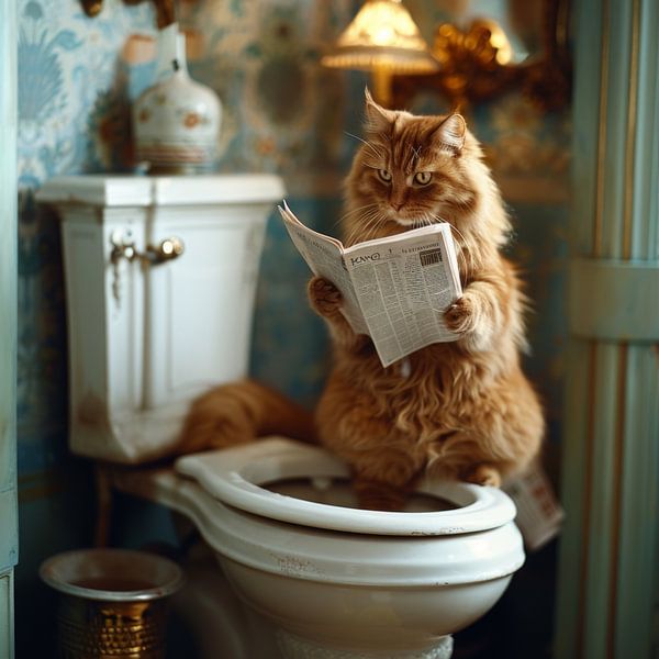 Katze liest Zeitung auf der Toilette, lustiges Badezimmer-Poster von Poster Art Shop