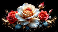 Three roses in dialogue - a bouquet of passion, purity and golden silence in an interplay of colour, form and transience