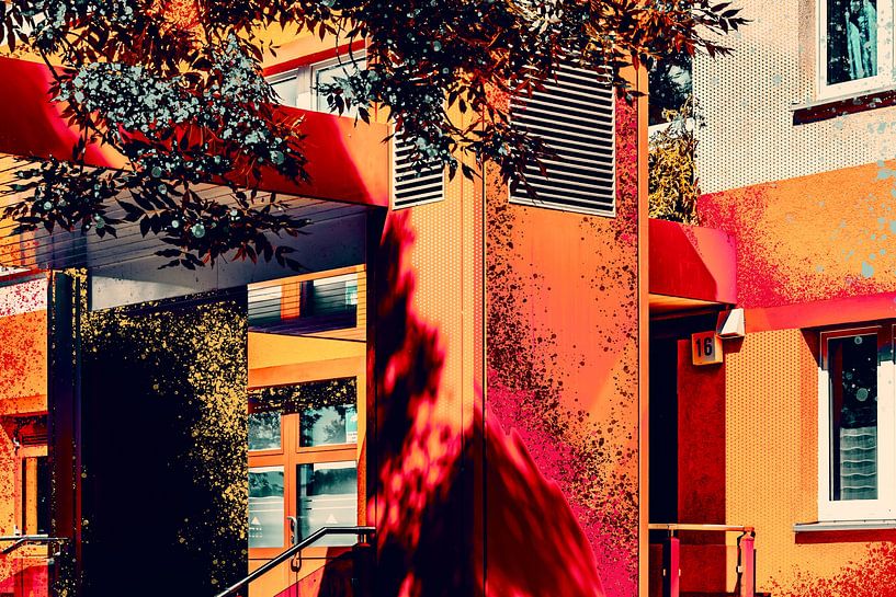 Farbige Eingangsszene – Plattenbauarchitektur in Erfurt neu interpretiert von Mixed media vector arts