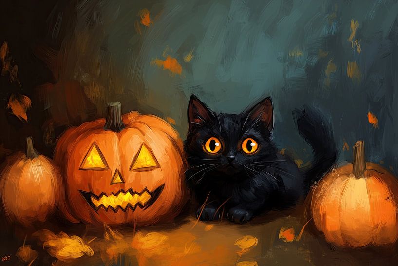 Photo d'automne d'un chat noir à côté d'une citrouille d'Halloween par Mel Digital Art