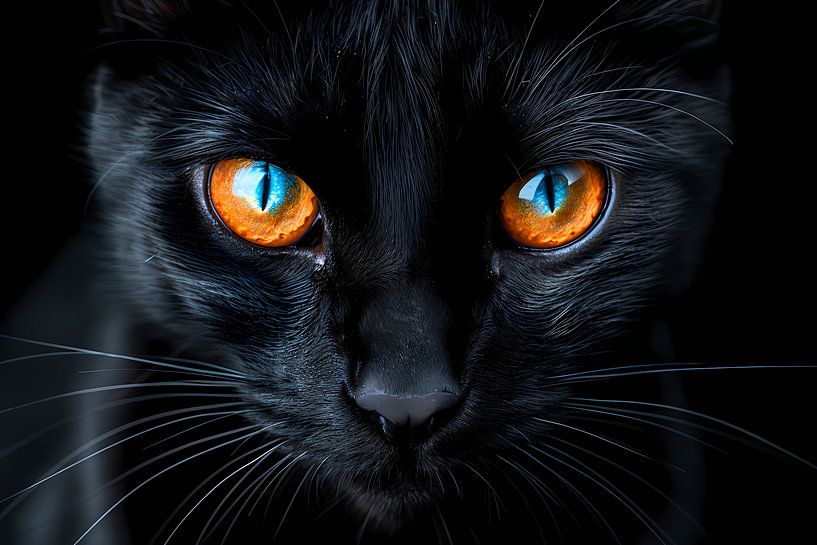 Black cat with blue and orange eyes by Art & Soul Creations