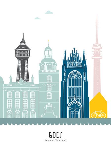 Skyline Illustration der Stadt Goes in Farbe von Mevrouw Emmer