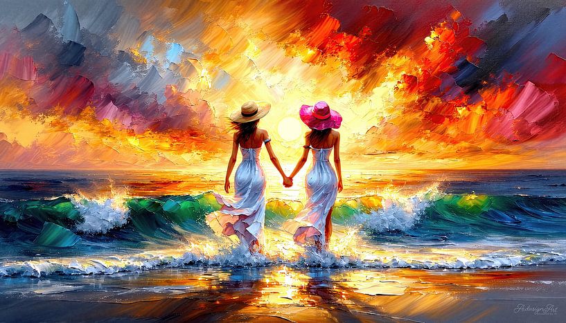 Zwei Frauen im Sonnenuntergang, getragen von Wellen und Farbe, die Frau mit pinkem Sonnenhut im Licht der Liebe – von AidasignArt