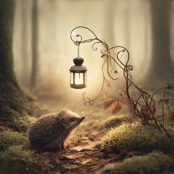 Igel mit Laterne im Wald von Marijke Trienekens