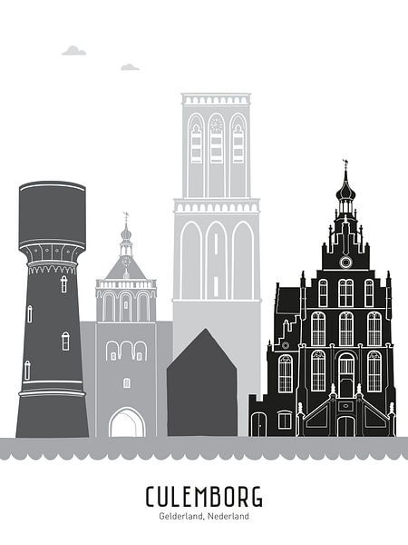 Skyline-Illustration der Stadt Culemborg in schwarz-weiß-grau von Mevrouw Emmer