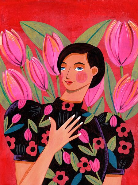 Femme moderne abstraite avec des tulipes par Caroline Bonne Müller
