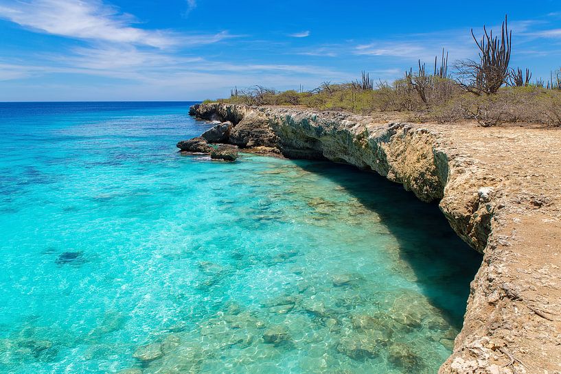 Paysage avec côte rocheuse et mer peu profonde sur l'île de Bonaire par Ben Schonewille
