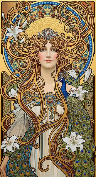 Jugendstil-Porträt einer Frau mit Pfau und Lilien von Markus Gann