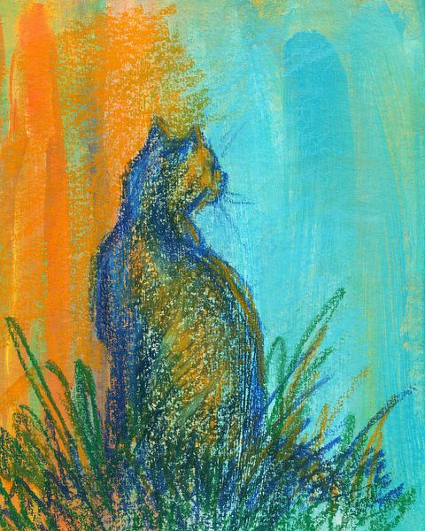 Cat study in orange and blue by Karen Kaspar