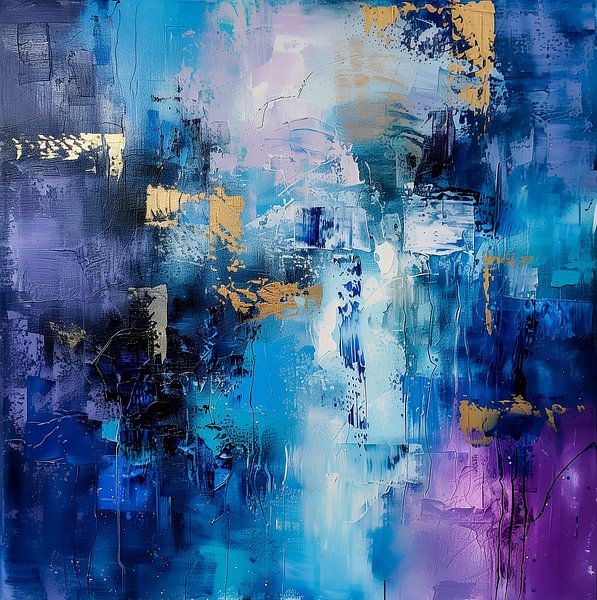 Mystical Depths: An Abstract Painting of Blue, Purple and Gold by Roger VDB