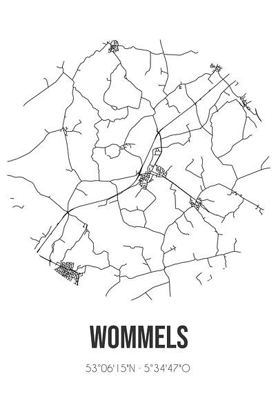 Wommels (Fryslan) | Carte | Noir et blanc par Affiches de lieux