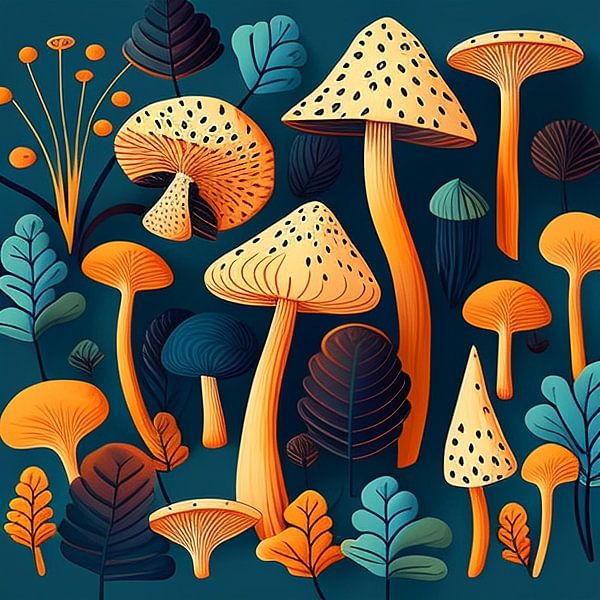 Champignons orange et bleus par Vythryd Arts
