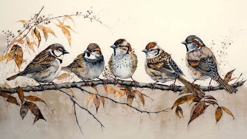 Sparrows on a branch Watercolour by Preet Lambon