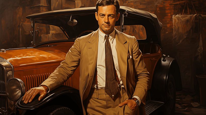 Independent American man. Old American 1920 years old vintage car, art deco painting illustration design by Animaflora PicsStock