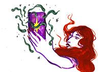 Frau hält magische Karte