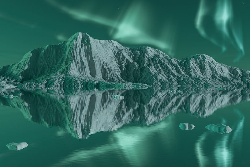 Formation d'icebergs entourée de plaques de glace, est éclairée par des aurores boréales par Besa Art