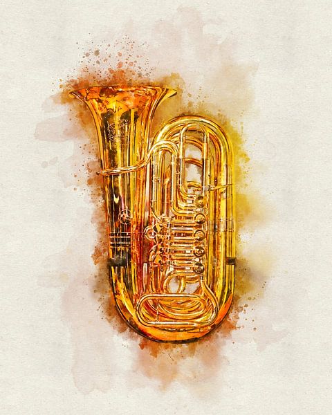 Tuba en aquarelle colorée - Instrument de musique en laiton doré par Andreea Eva Herczegh