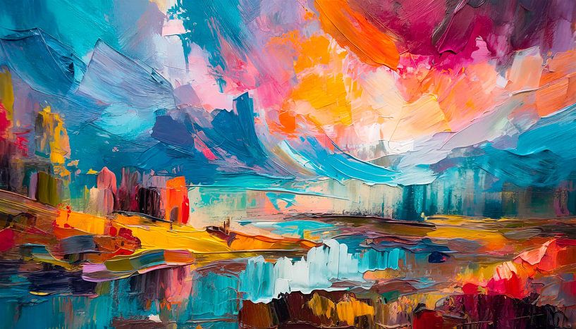 Malerei mit Bergen und Fluss von Mustafa Kurnaz