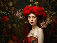 Die geheimnisvolle Schönheit einer Frau mit einer üppigen roten Blütenkrone