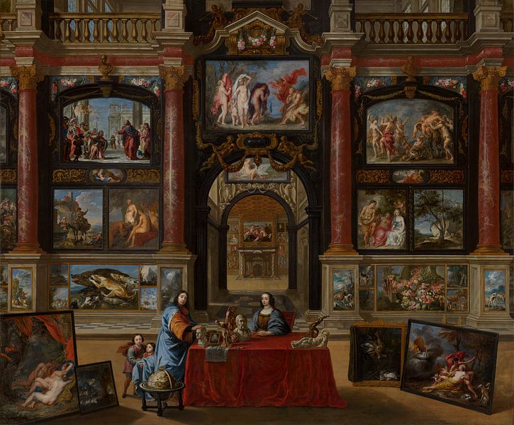 Painting, Interior with figures in the middle of a collection of paintings by Atelier Liesjes