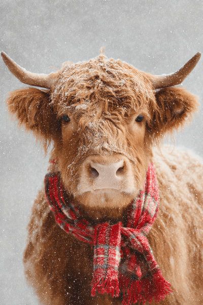 Highlander in winterlicher Wärme mit rot kariertem Schal im Schnee von Eva Lee