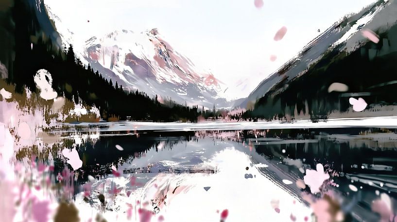 Pink flowers over snow-covered mountains by Frank Heinz