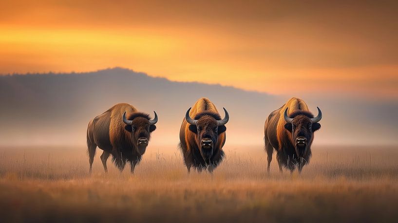 Three Majestic Bison Grazing at Sunset in the Wild by Beeld Creaties Ed Steenhoek | Photography and Artificial Images