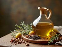 Glass jug of golden yellow oil surrounded by spices and citrus on wooden table
