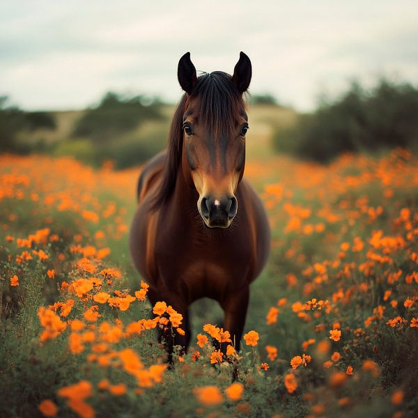 Pferd in blühendem Feld von Poster Art Shop