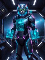 Elite space cat guardian monitoring interstellar data from futuristic ship bridge.