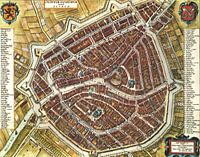 Eine historische Karte von Leiden (Holland) aus dem Jahr 1652.