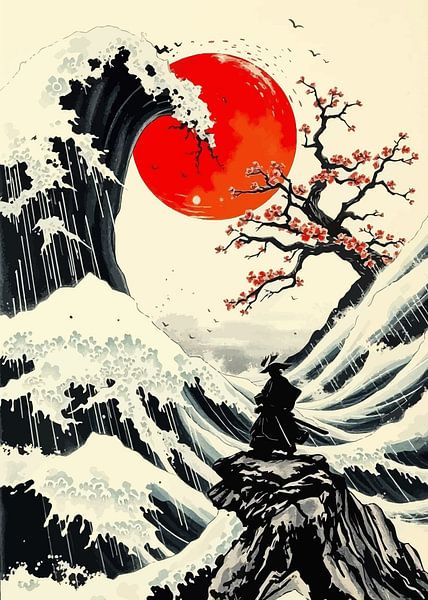 Samurai, Wellen und Red Moon Art von MIROKKU