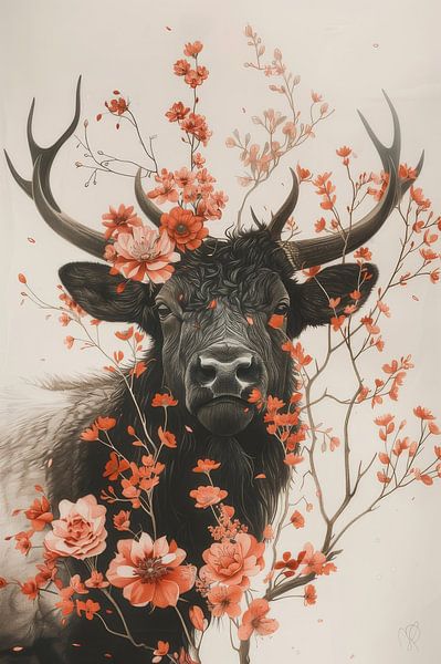 Natural Splendour - Deer surrounded by Flowers by Eva Lee