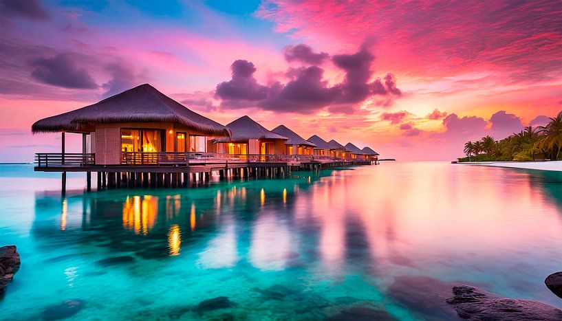 Bungalows en mer avec coucher de soleil par Mustafa Kurnaz