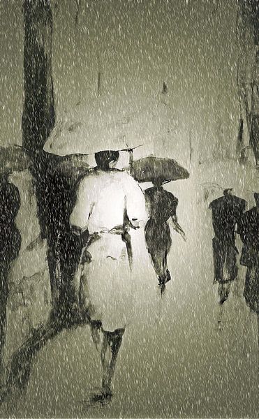 Einkaufen im Schnee. Handgemaltes Aquarell, bearbeitet mit Photoshop von Ineke de Rijk