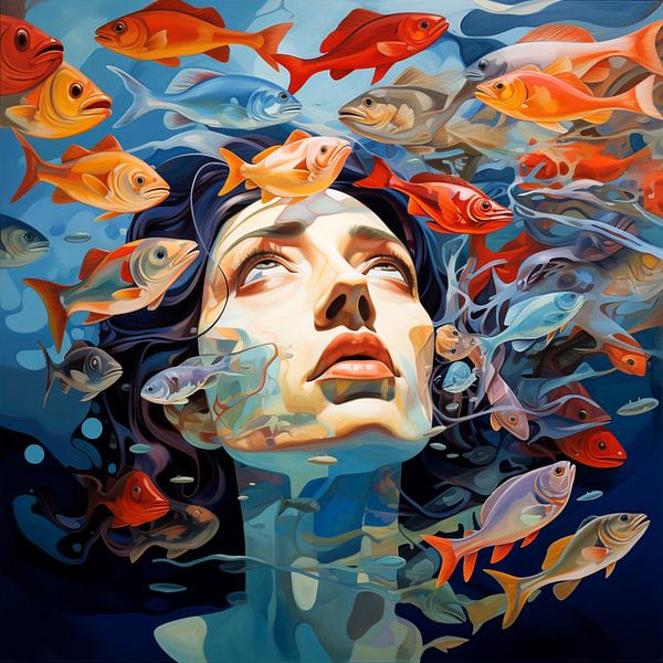 Surréaliste Femme Portrait Poissons sous l'eau Mystérieux par gm_designs