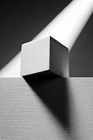 White cube on rectangular cube with stripe on background.