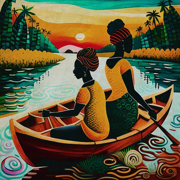 Two women fishing on an African river by Jan Keteleer