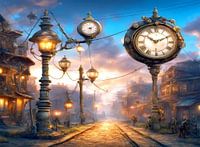 Steampunk city with clocks