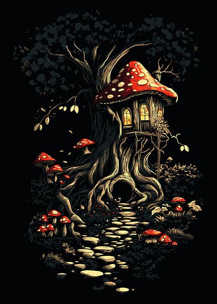 Märchenhaftes Baumhaus mit leuchtendem Pilzdach von Pixelbull Design