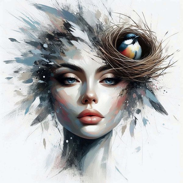 Portrait abstrait d'une femme avec un nid d'oiseau dans les cheveux. ( 4 ) par Ineke de Rijk