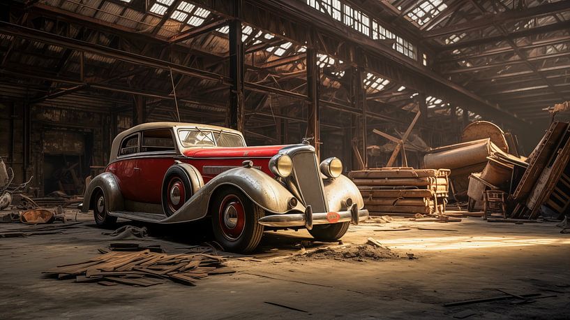 old red vintage car in the hangar, art design by Animaflora PicsStock