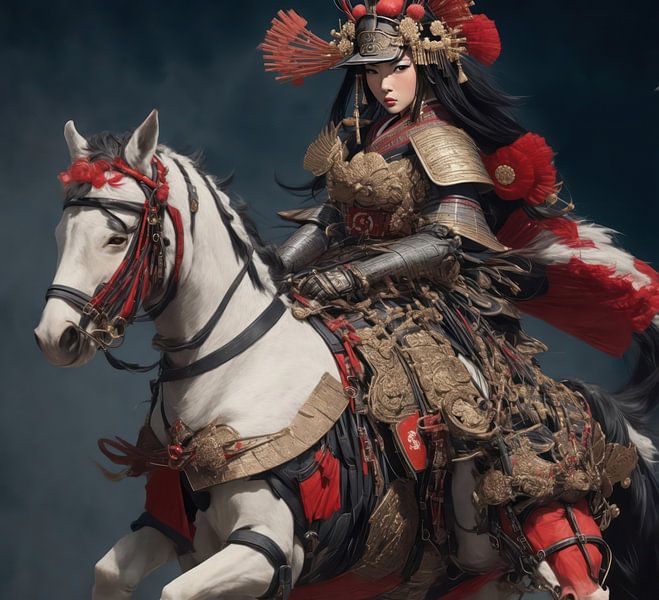 Weiblicher Samurai auf einem Pferd in Rüstung. von Brian Morgan