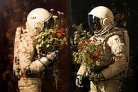 Astronautes avec des bouquets de fleurs