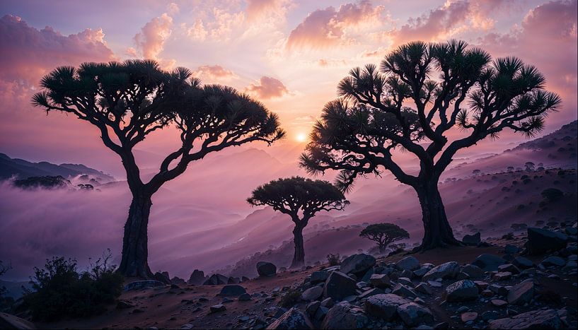 Mystical Sunrise: Trees in the Purple Mist by Retrotimes