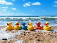 Des canards en caoutchouc colorés partent à la plage II